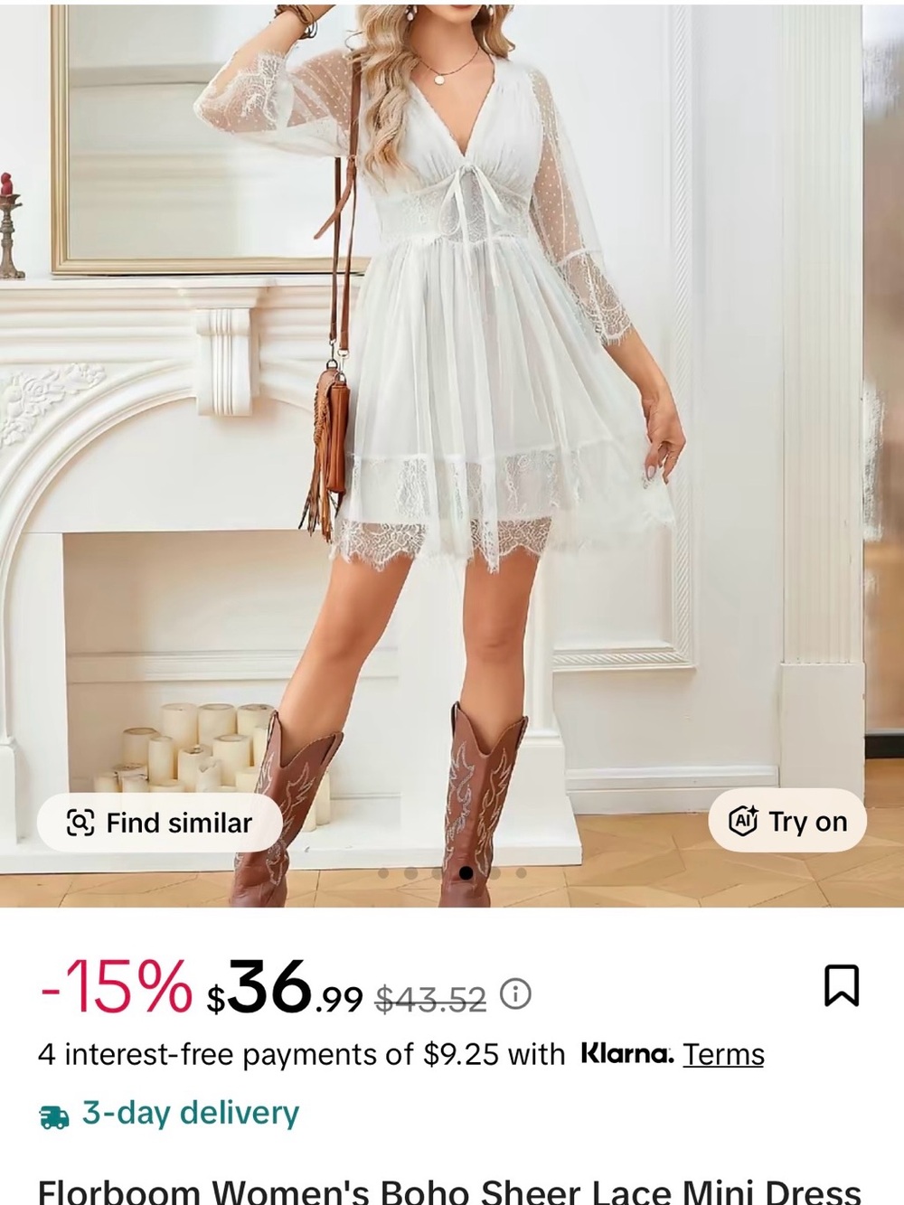 Women's Boho Sheer Lace Mini Dress in White